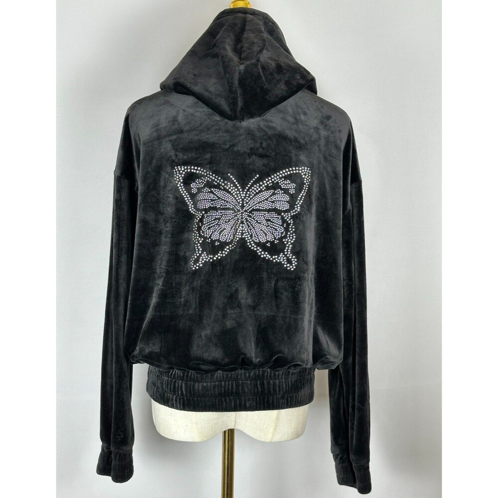 Y2K Fire & Fleur Velour‎ Full Zip Hoodie XL Black McBling Rhinestone Butterfly